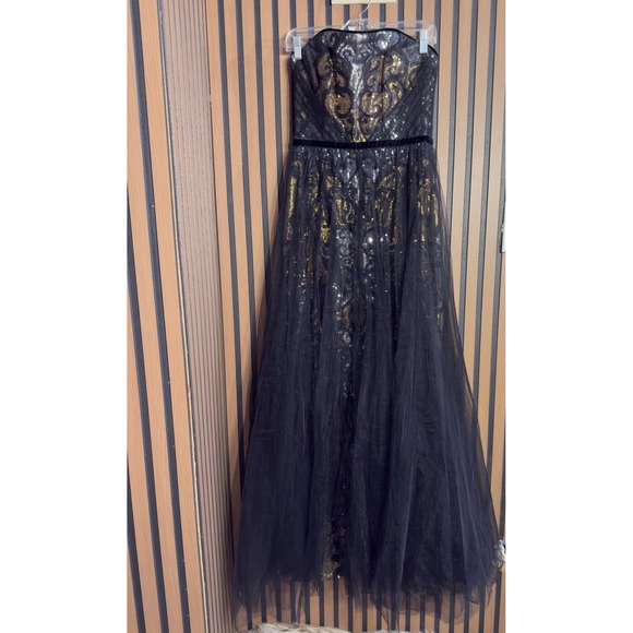 MARCHESA NOTTE Black Gold Sequin Tulle Strapless Gown Formal Evening Ballgown - Picture 2 of 14